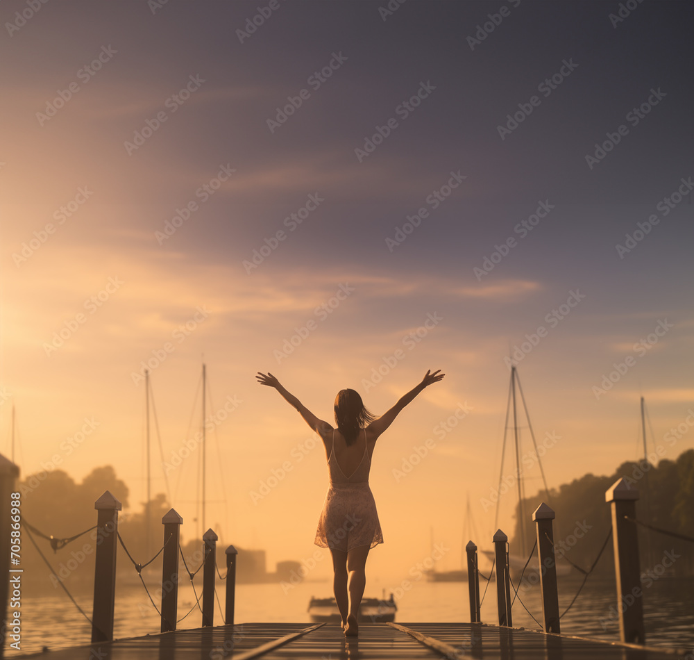 Fototapeta premium Happy woman walking down dock with arms outstretched