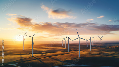 Drone photograph of a large modern wind farm with rows of turbines against a sunset sky.