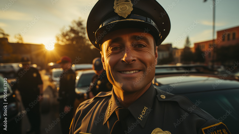 An elderly, white, Caucasian American man police officer in a uniform and headgear is seen outside a mature, mature car during a summer sunset while on vacation. first-person point of view. operating An elderly, white, Caucasian American man police officer in a uniform and headgear is seen outside a mature, mature car during a summer sunset while on vacation. first-person point of view. operating