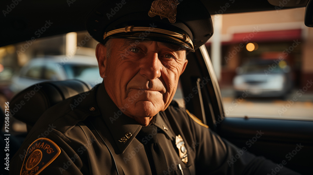 An elderly, white, Caucasian American man police officer in a uniform and headgear is seen outside a mature, mature car during a summer sunset while on vacation. first-person point of view. operating An elderly, white, Caucasian American man police officer in a uniform and headgear is seen outside a mature, mature car during a summer sunset while on vacation. first-person point of view. operating