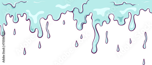 Dripping liquid, slime, paint. Water drops, falling waterfall and teardrop. Vector illustration in hand drawn cartoon style. Simple color graphic isolated on white. Splatter motion fluid border design