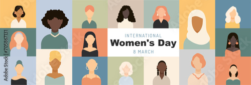 International Women's Day banner. Set of colored icons, women with different hairstyles and nationalities, women's icons in flat style