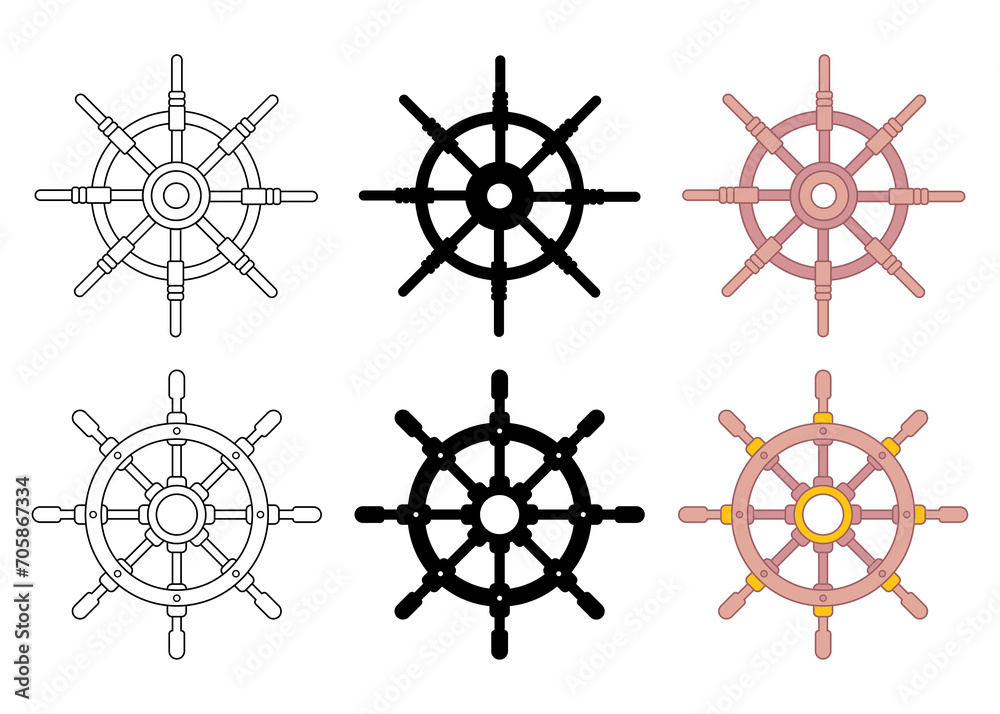 Collection of steering wheels. Ship, yacht retro wheel symbol. Nautical rudder icon. flat design