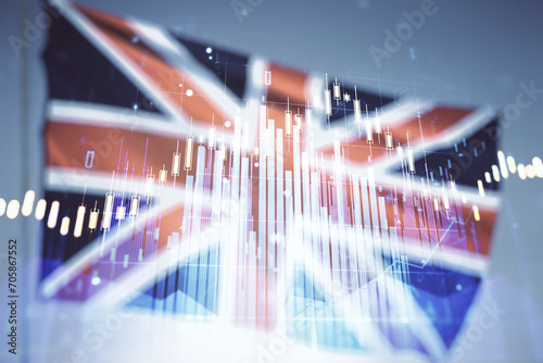 Multi exposure of virtual creative financial chart hologram on British flag and blue sky background, research and analytics concept