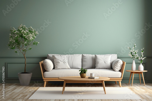 Step into a realm of design possibilities. Envision a simple living room mockup featuring an empty frame, ready to host your creative expressions against the backdrop of understated elegance. © HASHMAT