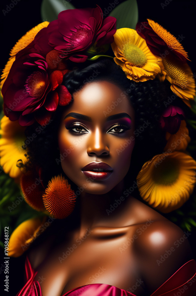 Portrait of beautiful African woman with bright flowers in her hairstyle posing staring at camera. Beauty, fashion, cosmetology concept 