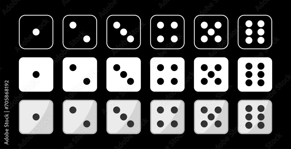 Set of dice for board games in black and white color. Set of dice for board games in black and white color.