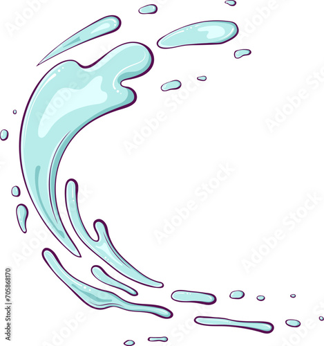 Splashes of water or paint. Spray of fountain. Aqua drop element. Abstract semicircle shapes. Vector illustration in hand drawn cartoon style. Simple color graphic isolated on white.