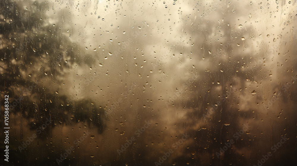 Overlooking a autumn forest through foggy brown glass window with raindrops during storm