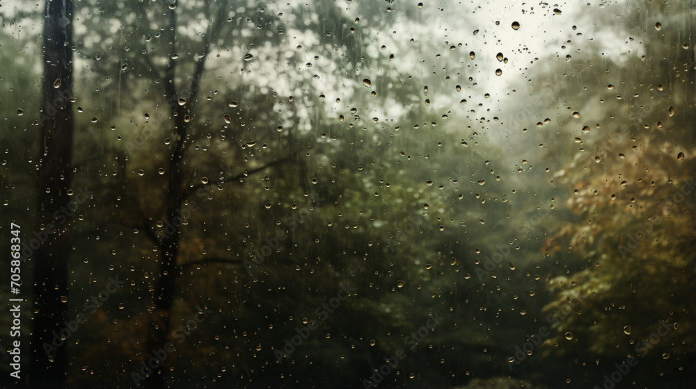 Overlooking a autumn forest through foggy brown glass window with raindrops during storm Overlooking a autumn forest through foggy brown glass window with raindrops during storm
