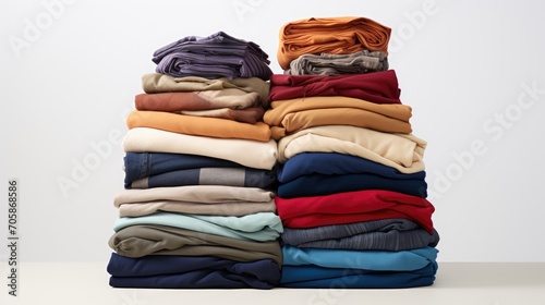 expertly folded clothes in neat stacks on a pristine white background.
