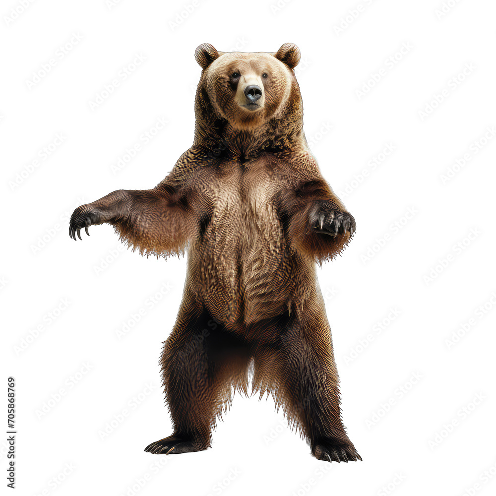 Fototapeta premium brown bear standing on two legs - dangerous predatory bear on transparent background