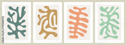 Hand drawn abstract colorful poster set. Modern wall art with organic shapes. Contemporary artworks with creative botanical elements. Interior decorations set. Colored flat vector illustrations.