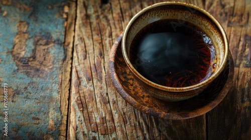 Ceramic bowl of rich, dark soy sauce on bamboo table.