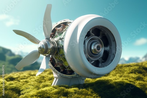 3D rendering of eco-friendly turbine prototype for green energy. VFX illustrating efficient and sustainable engine. Generative AI
