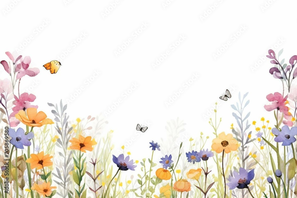 Watercolor border with a meadow full of wildflowers. Generative AI