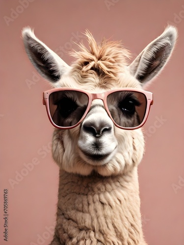 portrait of white llama with sunglasses on the pink background. IA generativa.