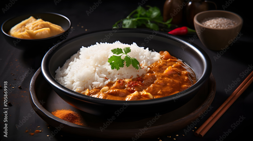 side view of traditional fresh curry with rice fill in the white plate and garnish with green leaf with aesthetic background
