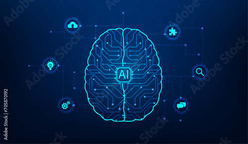 brain learnning innovation technology artificial intelligence circuit line on blue background. brainstorm idea creative with symbol digital. vector illustration hi-tech.