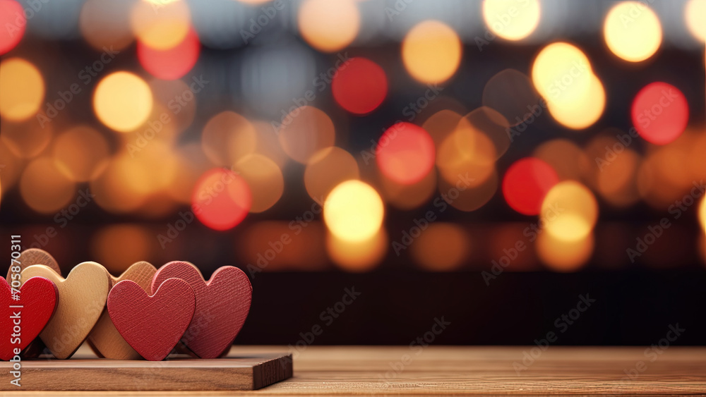 Group of Colorful Hearts Love on Table Top with Blur Bokeh Garland Background