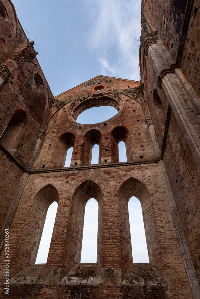 Destroyed windows at the presbytery of of the abandoned Cistercian monastery San Galgano in the Tuscany