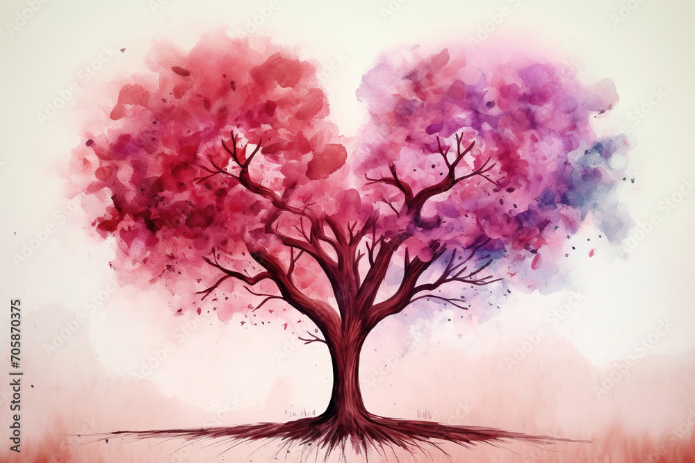 Tree of Love: Vintage Watercolor Illustration of a Heart Tree Landscape. Perfect for Valentine's Day Background