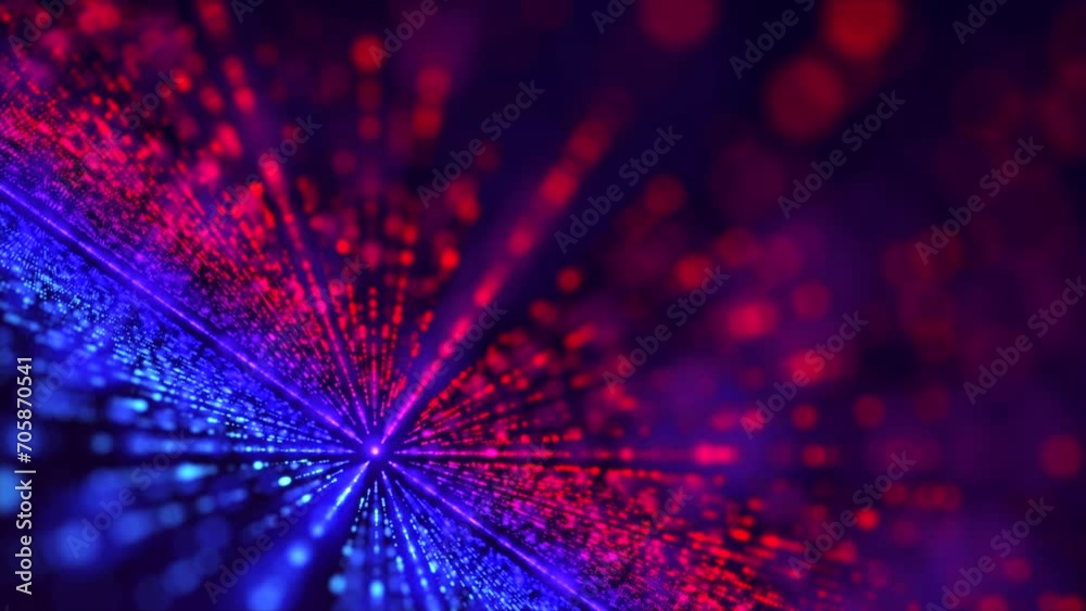 Magic light rays of glowing particles forming an endless light mirror tunnel. Bright blue and crimson gradient light background. High-tech lines and digital particles with bokeh effect. 