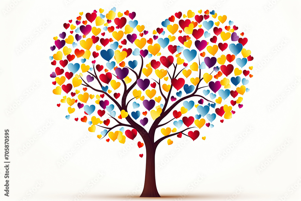 Tree with Colorful Heart Shape Leaves Isolated on White Background for Valentine's Day