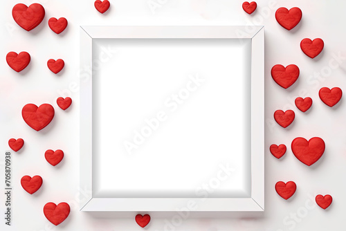 Empty Picture Frame with Red Hearts Decoration Valentine Card on White Wall Background © RBGallery