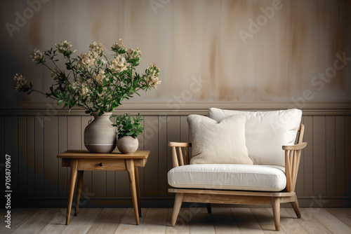 Visualize a lovely chair in soft tones with a wooden table against the backdrop of an empty blank frame. The composition is beautiful and cute, providing an inviting and aesthetically pleasing space.