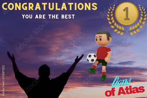 carte de félicitations pour les lions de l'Atlas,équipe nationale du Maroc avec l'illustration d'un joueur marocain jonglant un ballon suspendu en l'air avec une personne qui lui fait signe de merci photo
