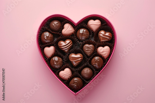 Pink heart-shaped box with delicious chocolates on a pink background. St Valentines Day concept. Copy space.