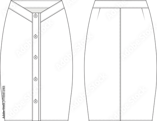 buttoned short knee length midi pencil skirt template technical drawing flat sketch cad mockup fashion woman design style model