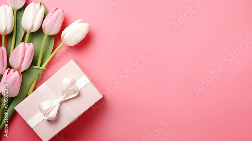 Valentine's Day and Mother's Day Background: Spring White Tulip Flower Gift Box with Ribbon on Flat Lay Pink Background © RBGallery