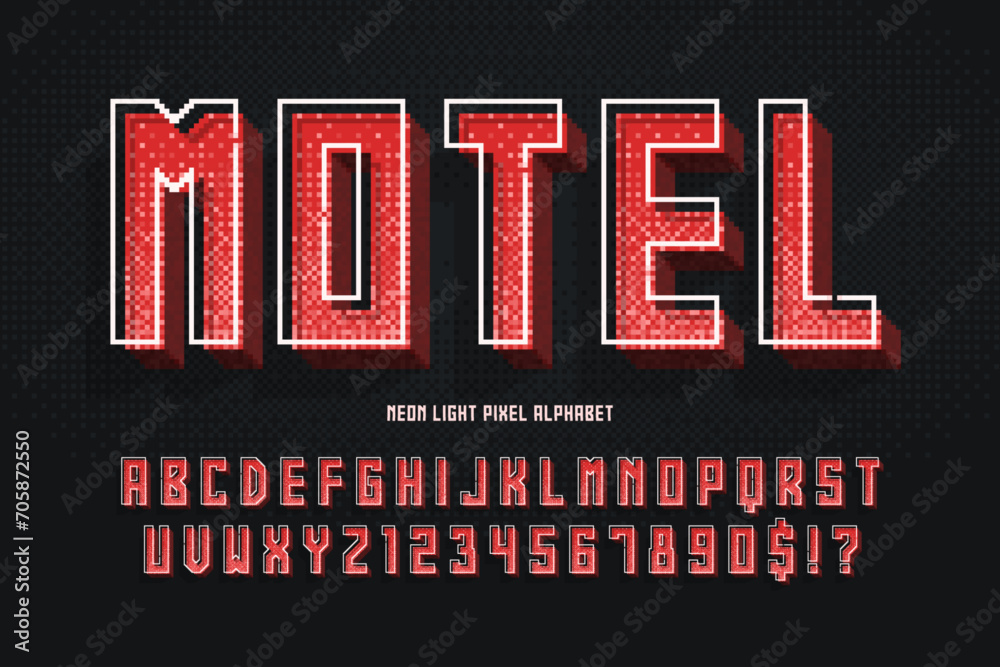 Condensed pixel neon alphabet design, stylized like in 8-bit games. - obrazy, fototapety, plakaty 