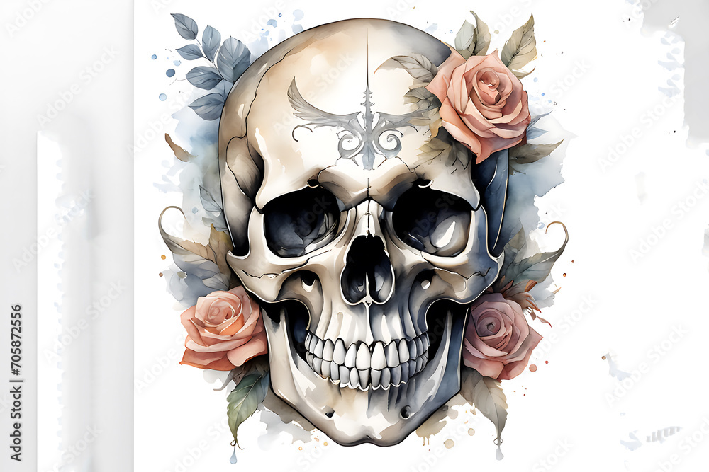 skull and flower style watercolor - obrazy, fototapety, plakaty 