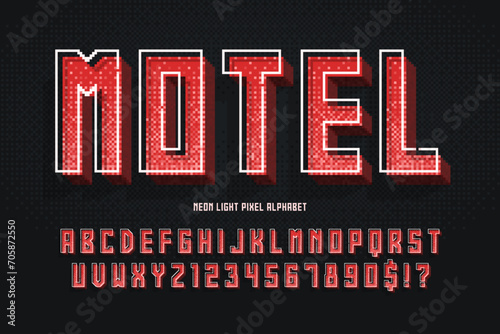 Condensed pixel neon alphabet design, stylized like in 8-bit games.