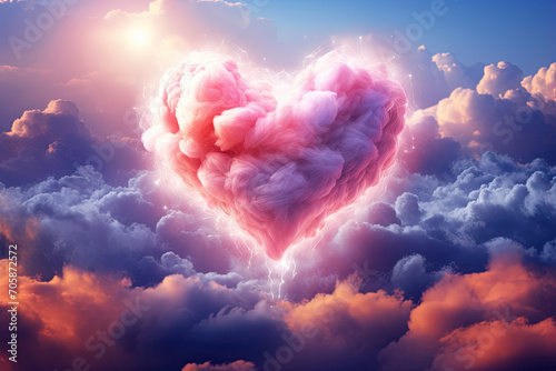 Valentine's Day Themed Vibrant Heart Shape Cloud Flying on Dramatic blue Sky Background