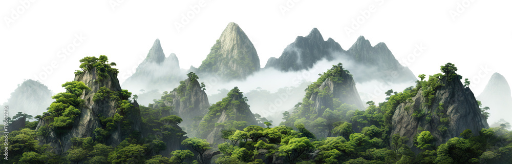 Lush green tropical rainforest landscape with misty mountains at dawn, cut out - obrazy, fototapety, plakaty 