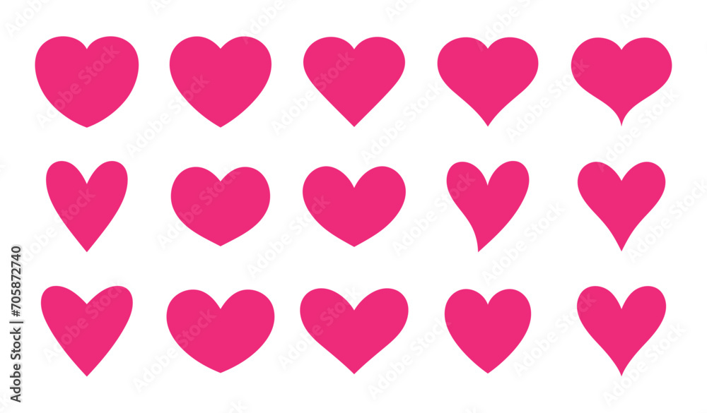 Set of hearts in pink color, Pink heart icons set vector, Set of 15 hearts of different shapes for web. Heart collection. Vector Art