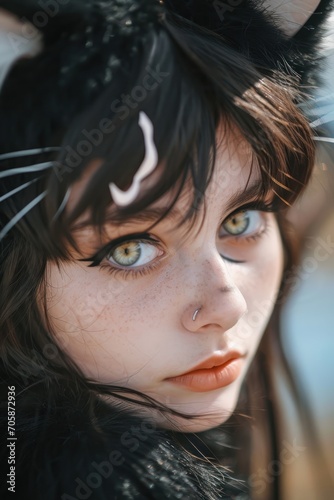 A Close Up Shot of a Woman in a Cat Cosplay - Girl Cat Costume Background created with Generative AI Technology