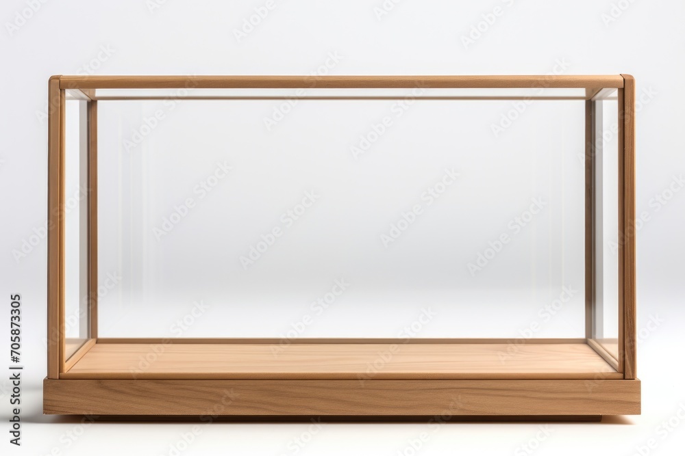 Glass showcase. A cube made of glass and wood on a white background. Glass showcase. A cube made of glass and wood on a white background.