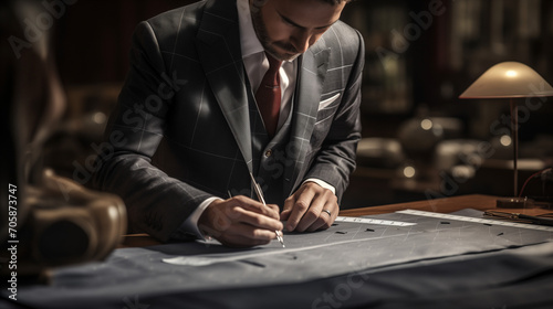 A photo captures a tailor measuring a suit with meticulous attention, ensuring a perfect fit and showcasing the art of bespoke tailoring. photo