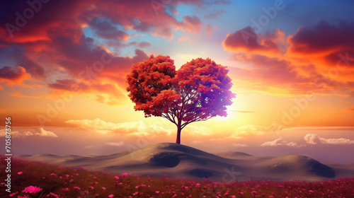 Tree with heart shaped on a meadow with flowers at sunset.