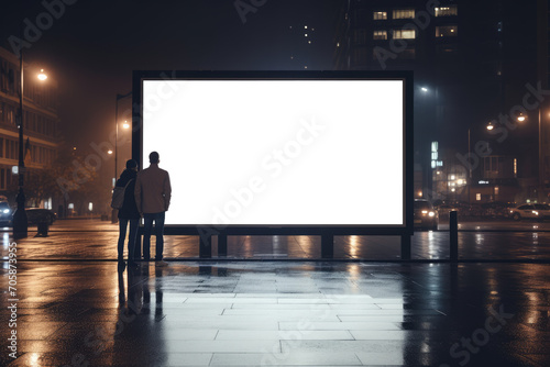 couple stands hand in hand, gazing at a vast empty billboard against the backdrop of a luminous city at night, reflecting on possibilities