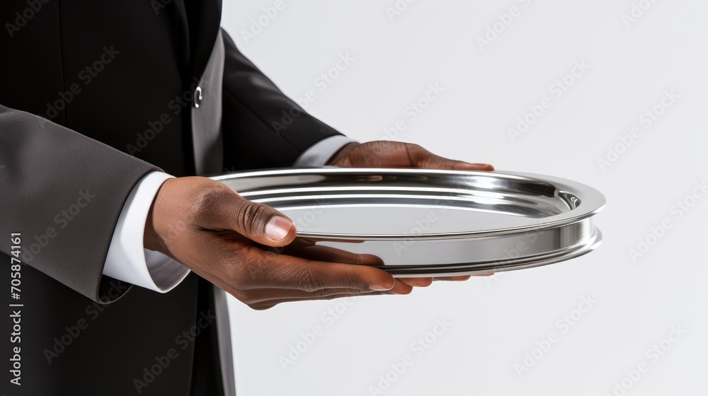 portraying the hands of a waiter holding a metal tray on a crisp white background. Ideal for showcasing the elegance and professionalism of premium dining services, portraying the hands of a waiter holding a metal tray on a crisp white background. Ideal for showcasing the elegance and professionalism of premium dining services,