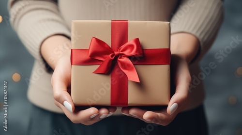 Female hands holding gift box. Copy space. Christmas, hew year, birthday concept, generative ai