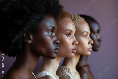 The power of Diversity: A portrait capturing the beauty of women from diverse races, ethnicities, and beliefs, celebrating the rich tapestry of skin tones and the joy of unity.