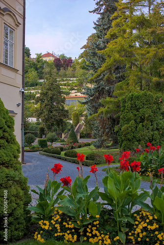 Fragment of a multi-tiered garden in Prague. Exquisite architecture of the ancient city. Romantic atmosphere at any time of the year.