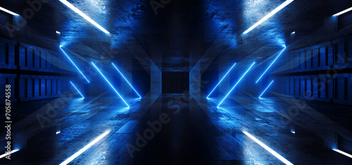 Grunge Futuristic Cyber Sci Fi Modern Concrete Warehouse Corridor Tunnel Studio Stage Underground Hangar Blue Vibrant Lasers Neon Lights 3D Rendering